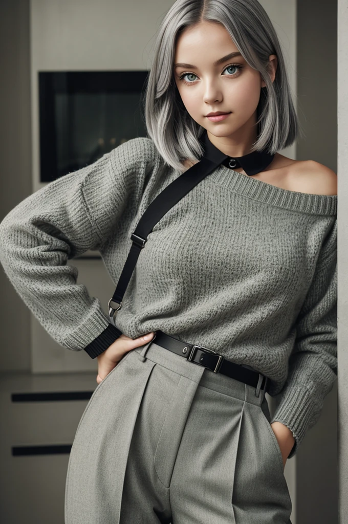 girl with shoulder-length light gray hair and green eyes, dressed in a light gray sweater with a large collar, black pants with black suspenders, anime style