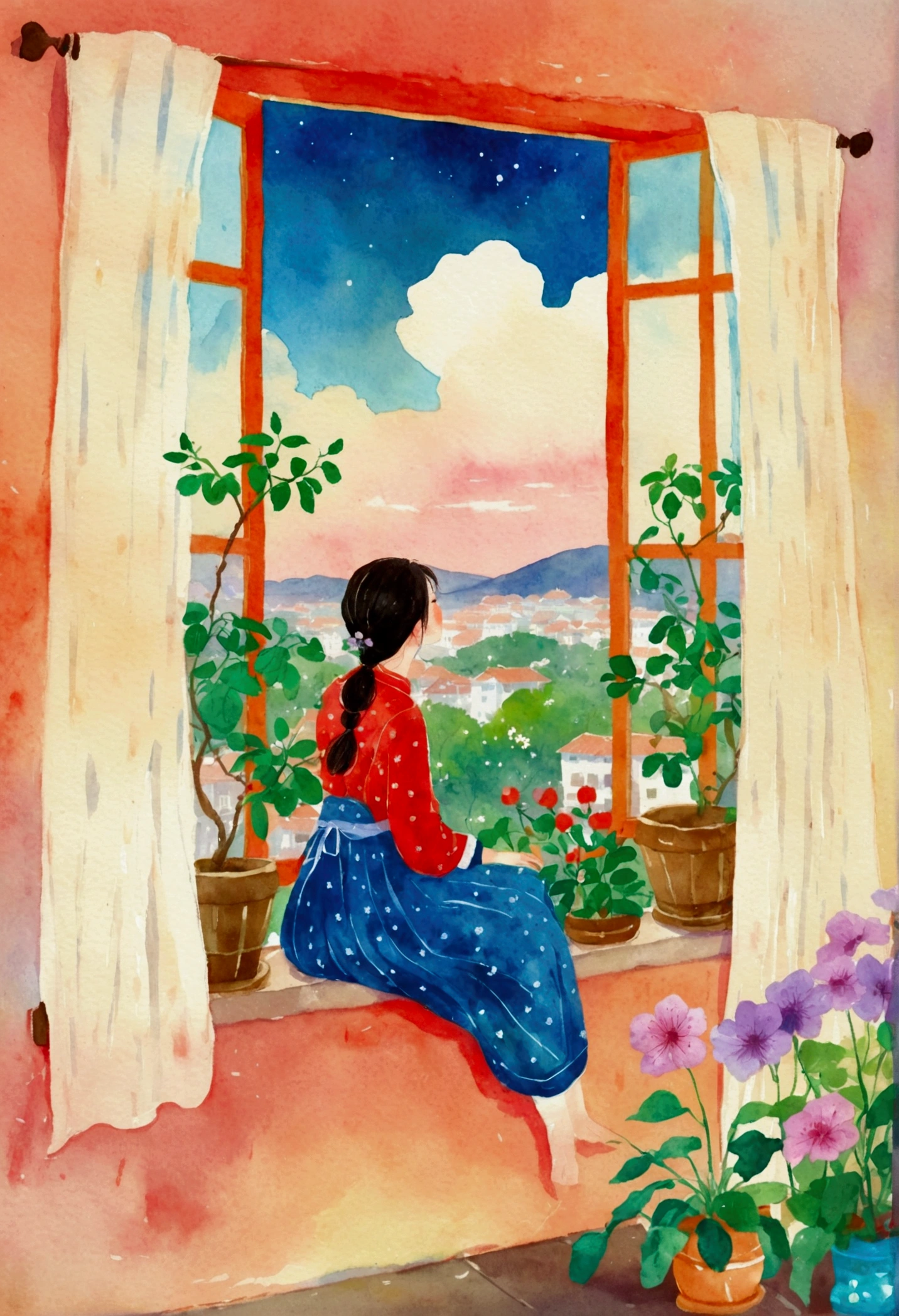 A woman looking out the window，Painting with plants and flowers outside the window, A beautiful artistic illustration, Ni Duan, Girl on the windowsill, balcony scene, author：Ye Xin, author Jeong Seon, balcony, Nice illustration, Li Song, Mei Qing, author：miwa komatsu, Watercolor illustration style, author：Cold plum, On a sunny day