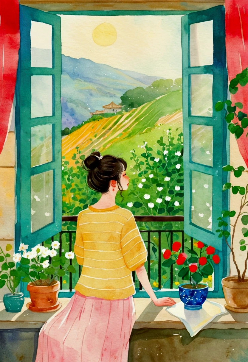 A woman looking out the window，Painting with plants and flowers outside the window, A beautiful artistic illustration, Ni Duan, Girl on the windowsill, balcony scene, author：Ye Xin, author Jeong Seon, balcony, Nice illustration, Li Song, Mei Qing, author：miwa komatsu, Watercolor illustration style, author：Cold plum, On a sunny day