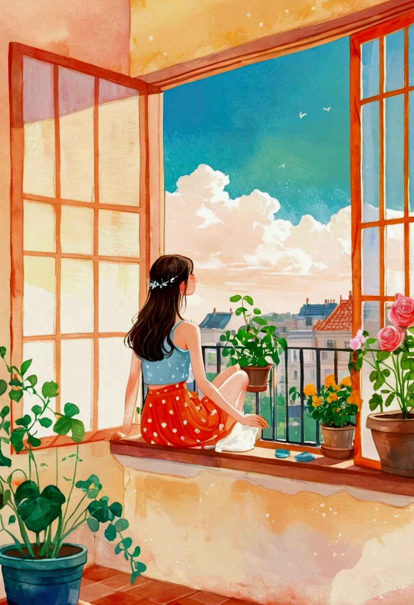 A woman looking out the window，Painting with plants and flowers outside the window, Photos taken by Ni Duan, tumblr, Concept Art, A beautiful artistic illustration, Girl on the windowsill, balcony scene, balcony, Nice illustration, Watercolor illustration style, On a sunny day, Realistic cute girl, Fantasy illustrations, On a sunny day, Beautiful digital illustrations