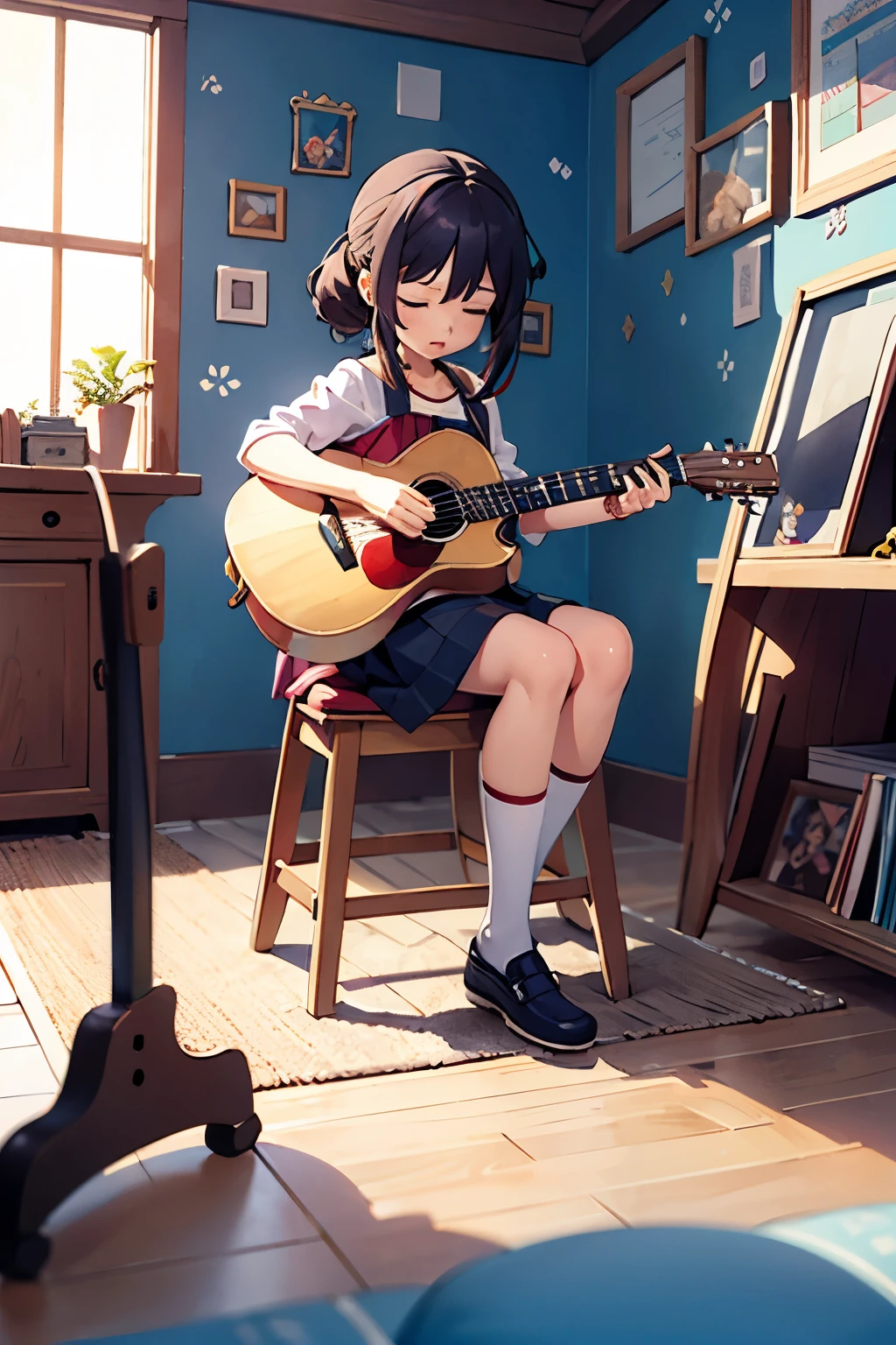 Night view、Quiet, low lighting、Close your eyes and play a soothing tune、Pixel Art Painting Best Quality, masterpiece, Attention to detail, Super intricate details,Anime girl sitting on a shelf and playing guitar, Anime Art Wallpapers 8K, anime art wallpaper 4k, anime art wallpaper 4k, Anime Style 4k, anime wallpaper 4k, anime wallpaper 4k, anime wallpaper 4k, Manga Wallpapers, 4K wallpaper,, Girl playing guitar, LOFI Girl