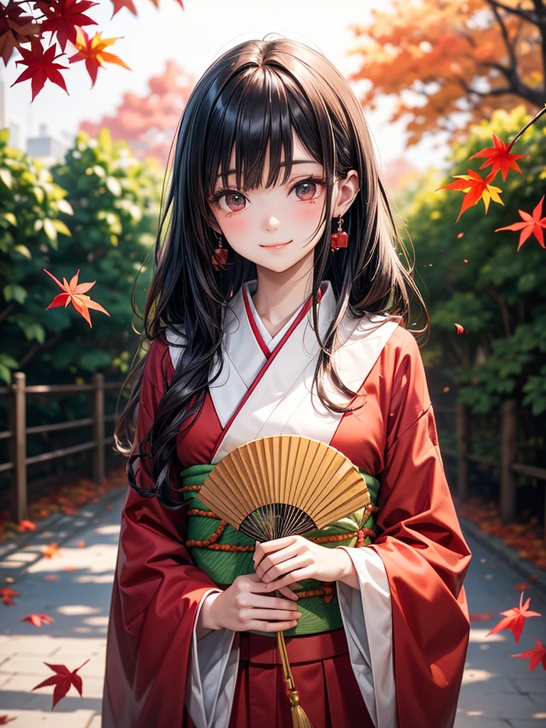 (​master piece),(solo),a girl in a red kimono holding a red folded fan in her hand,(opened folding fan), palace , autumn leaves, beautiful anime portrait, (white long hair), beautiful anime style, beautiful anime girl,Depth of written boundary, Bokeh,film lighting,dreamy romantic,shy smile