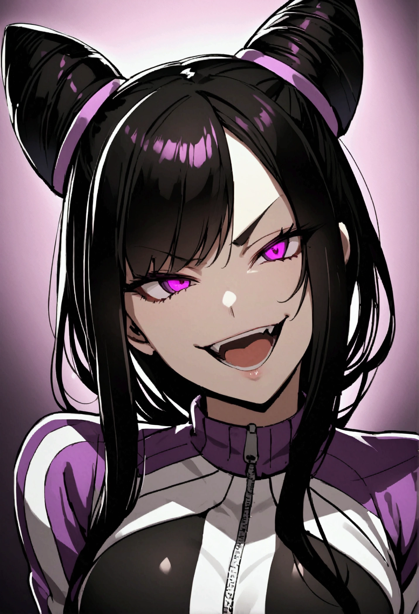 dark eye shadow,shining eyes,beautiful young fitness woman with , in a gym wearing May with black pantyhose, tight white and purple gym jacket. standing alone,hair horns,glowing purple eyes,Evil smile,legging preto ,labiaa,dark eye shadow,shining eyes,close up,open mouth with big evil smile
