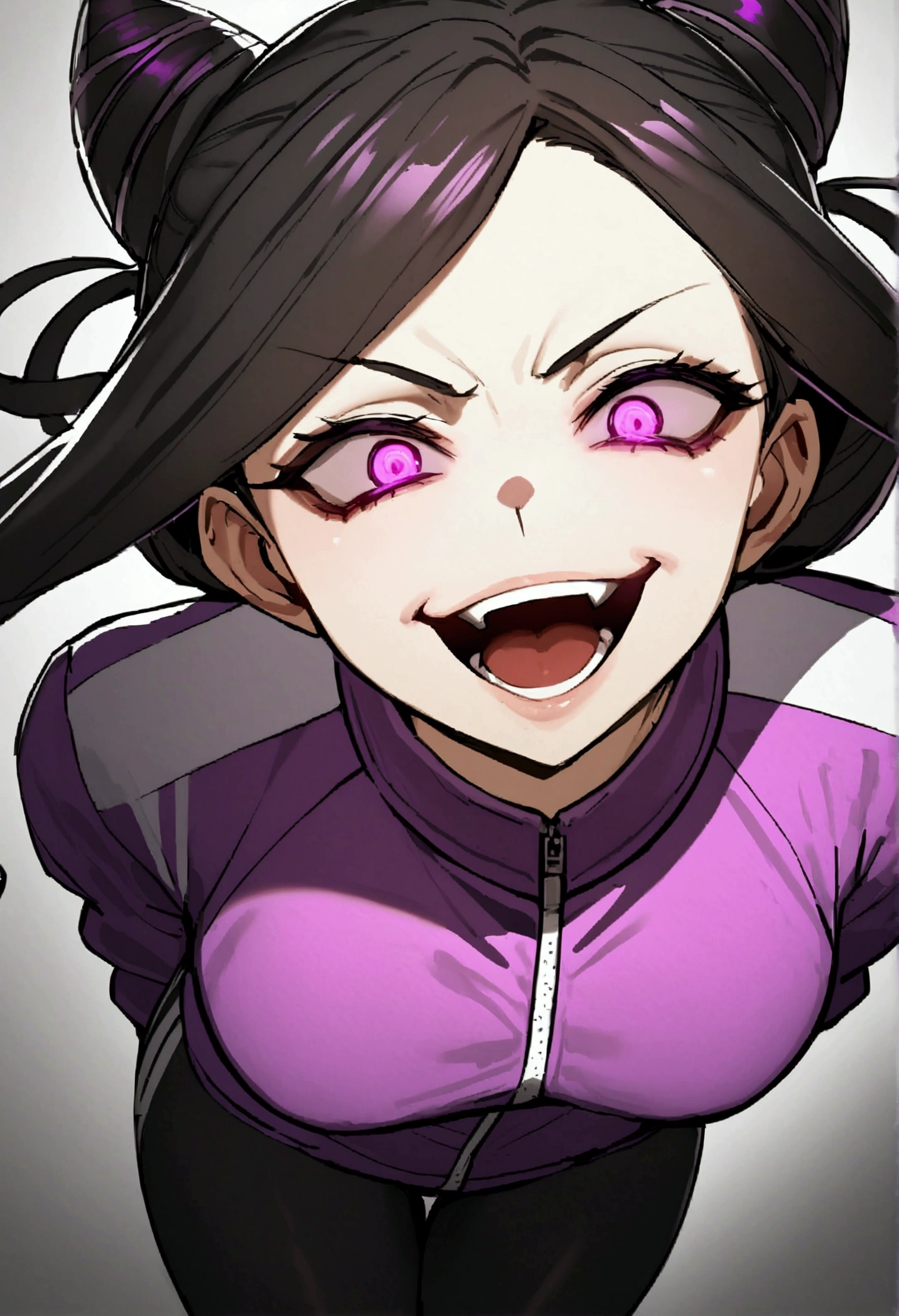 dark eye shadow,shining eyes,beautiful young fitness woman with , in a gym wearing May with black pantyhose, tight white and purple gym jacket. standing alone,hair horns,glowing purple eyes,Evil smile,legging preto ,labiaa,dark eye shadow,shining eyes,close up,open mouth with big evil smile
