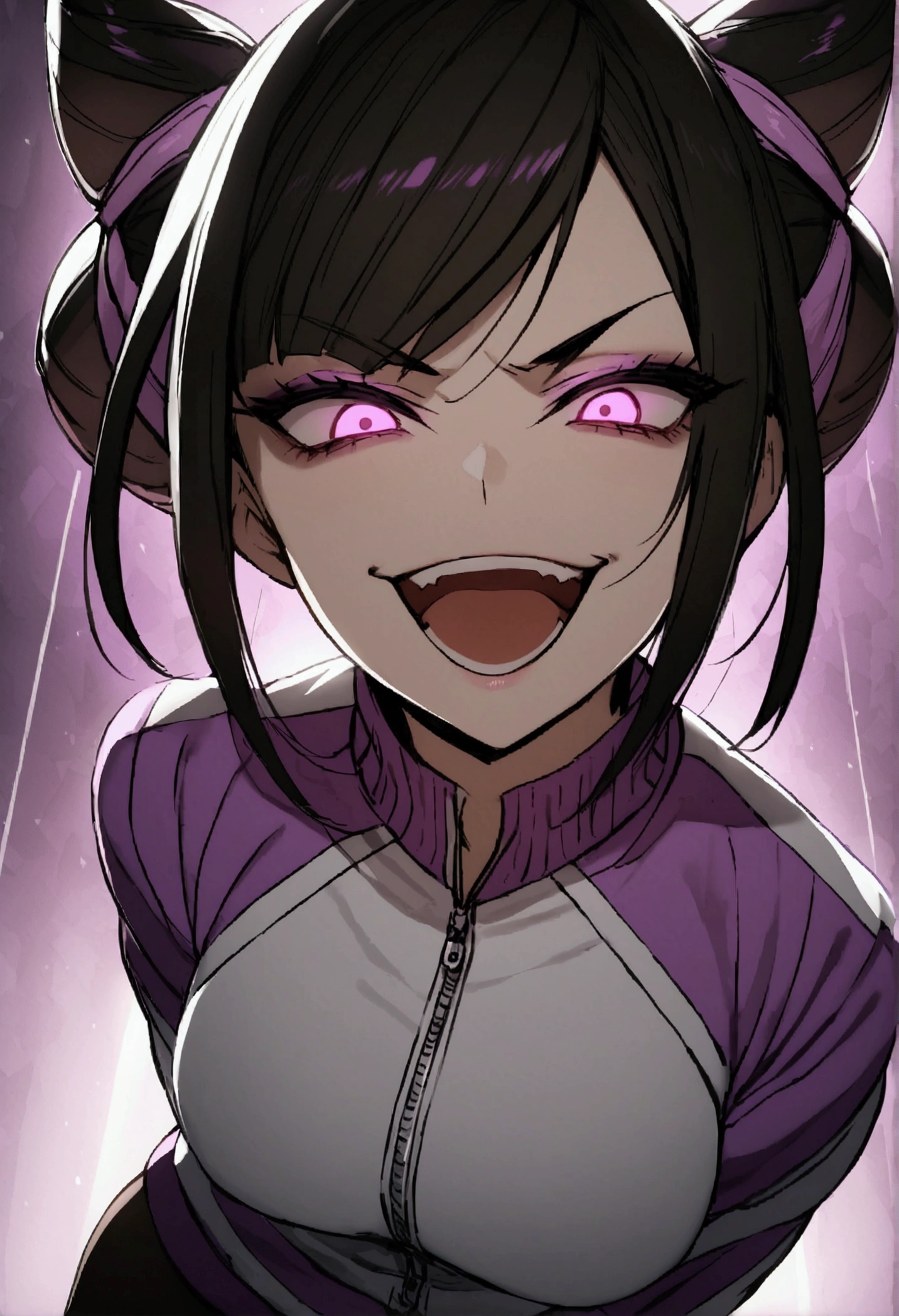 dark eye shadow,shining eyes,beautiful young fitness woman with , in a gym wearing May with black pantyhose, tight white and purple gym jacket. standing alone,hair horns,glowing purple eyes,Evil smile,legging preto ,labiaa,dark eye shadow,shining eyes,close up,open mouth with big evil smile

