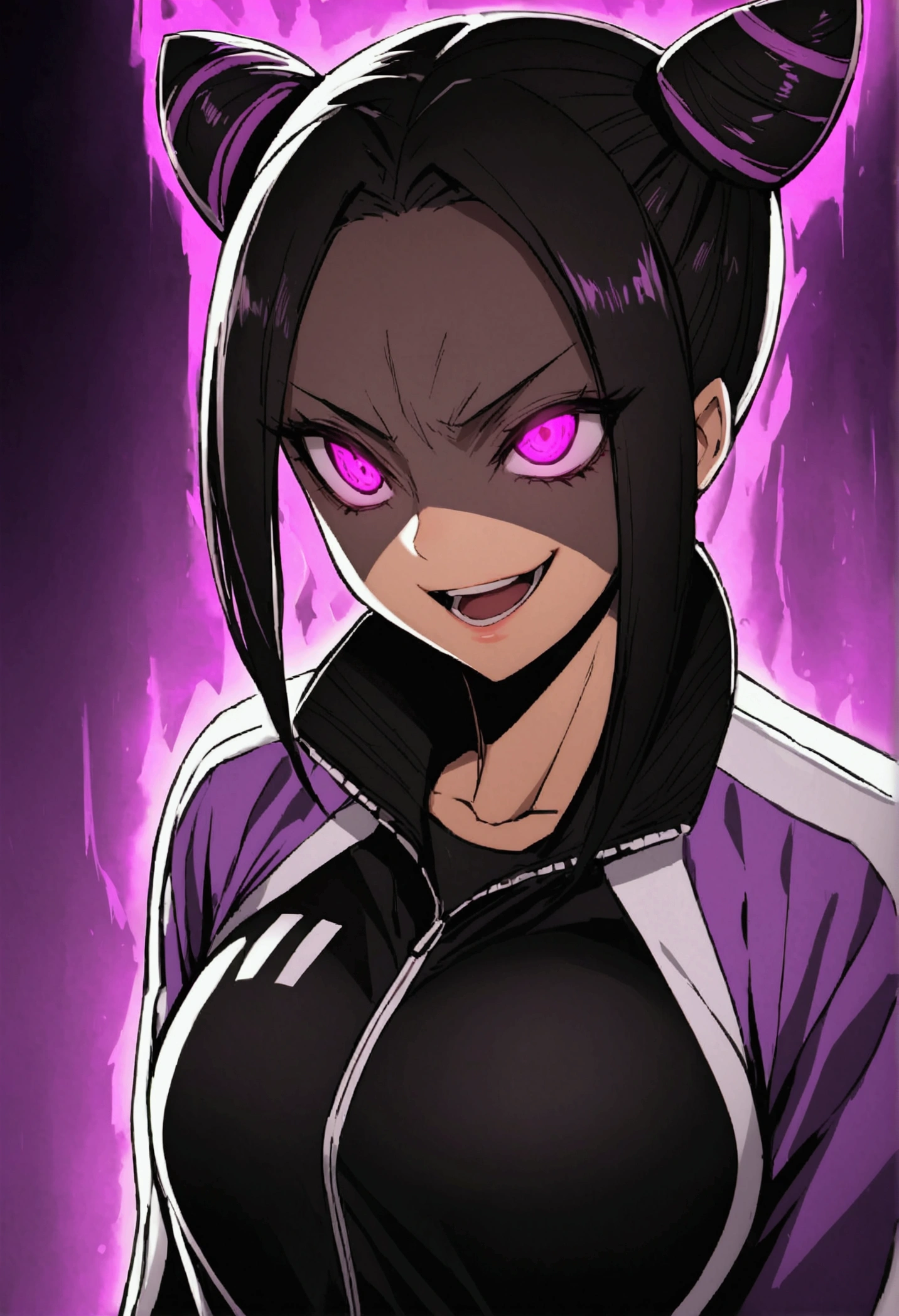 dark eye shadow,shining eyes,beautiful young fitness woman with , in a gym wearing May with black pantyhose, tight white and purple gym jacket. standing alone,hair horns,glowing purple eyes,Evil smile,legging preto ,labiaa,dark eye shadow,shining eyes,close up,open mouth with big evil smile
