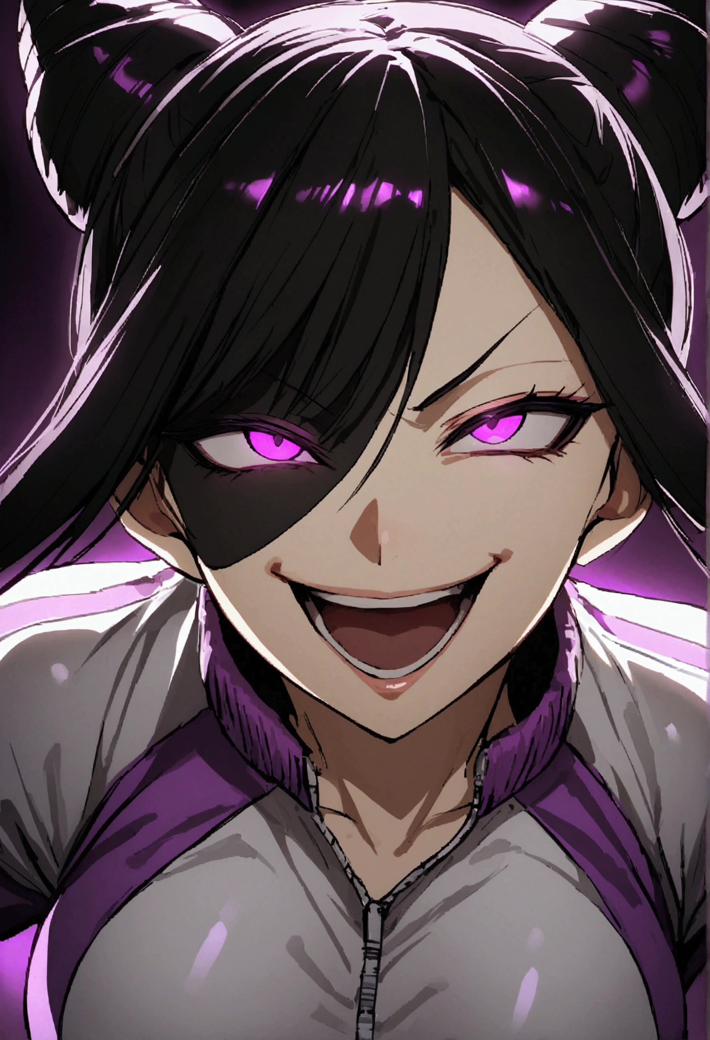 dark eye shadow,shining eyes,beautiful young fitness woman with , in a gym wearing May with black pantyhose, tight white and purple gym jacket. standing alone,hair horns,glowing purple eyes,Evil smile,legging preto ,labiaa,dark eye shadow,shining eyes,close up,open mouth with big evil smile