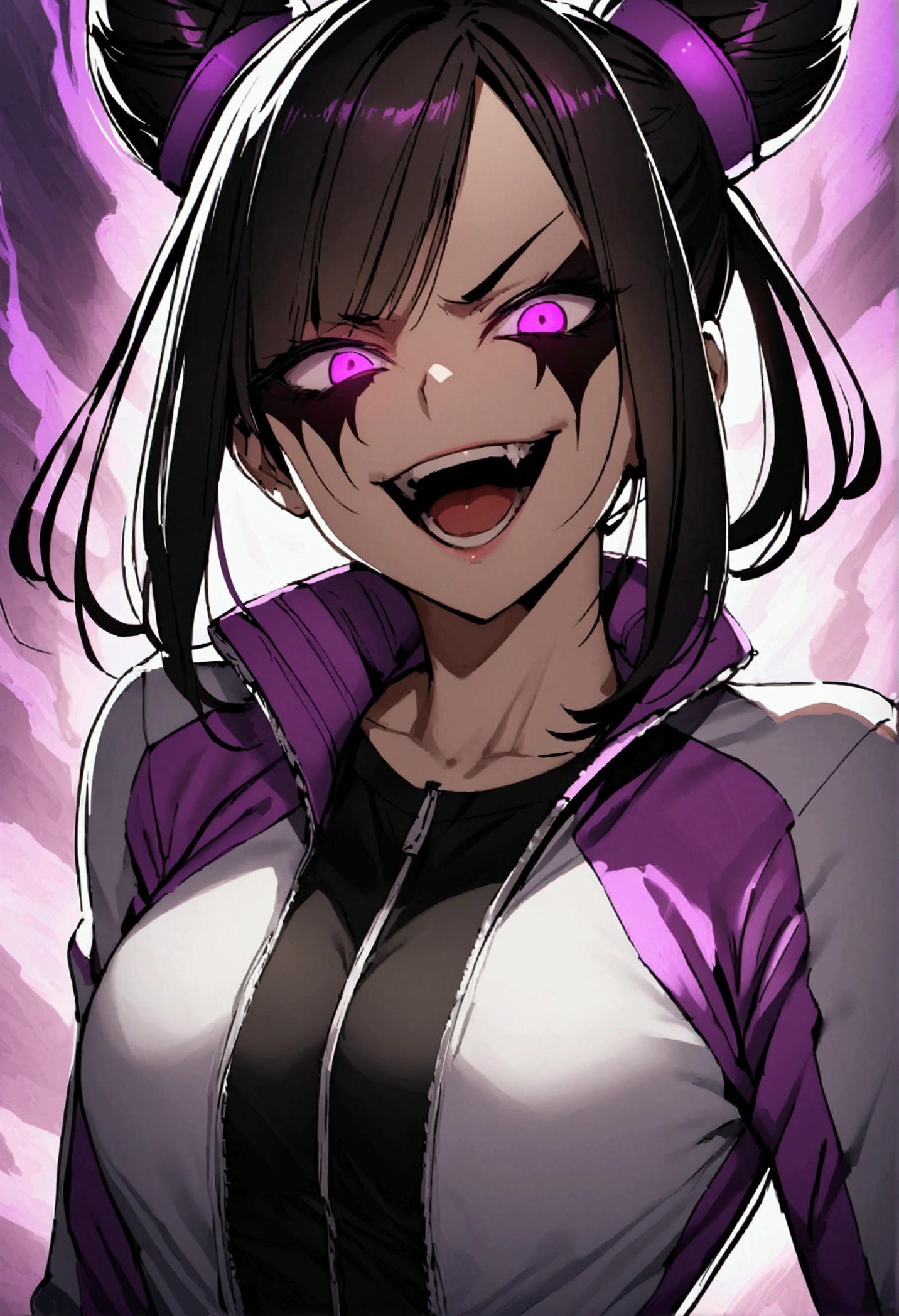 dark eye shadow,shining eyes,beautiful young fitness woman with , in a gym wearing May with black pantyhose, tight white and purple gym jacket. standing alone,hair horns,glowing purple eyes,Evil smile,legging preto ,labiaa,dark eye shadow,shining eyes,close up,open mouth with big evil smile