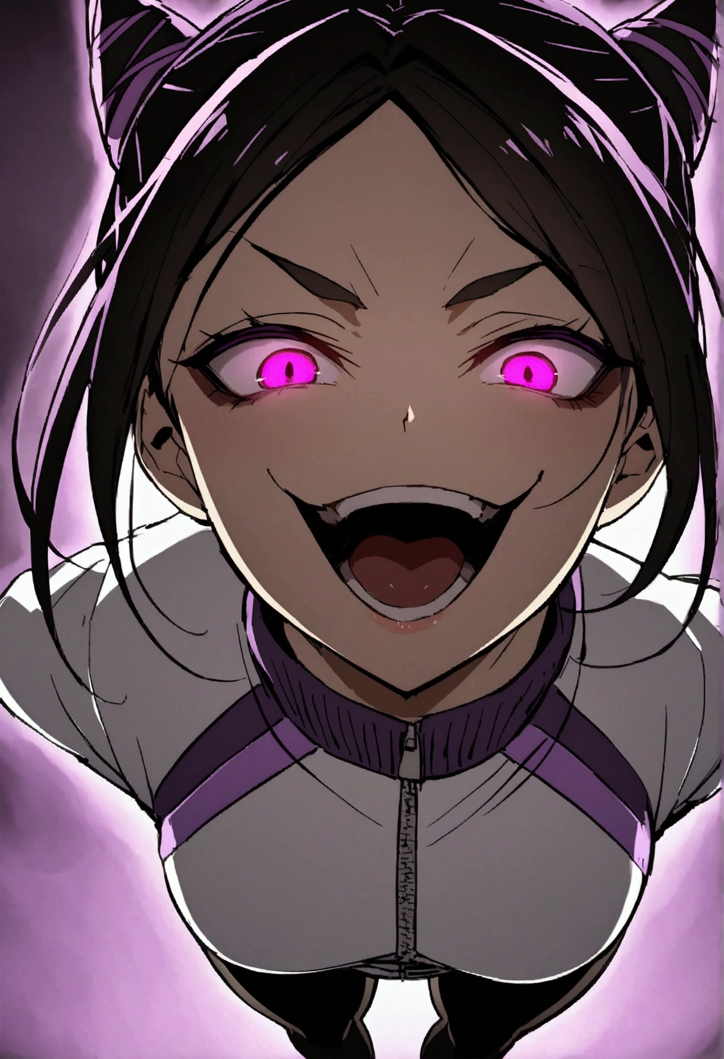 dark eye shadow,shining eyes,beautiful young fitness woman with , in a gym wearing May with black pantyhose, tight white and purple gym jacket. standing alone,hair horns,glowing purple eyes,Evil smile,legging preto ,labiaa,dark eye shadow,shining eyes,close up,open mouth with big evil smile
