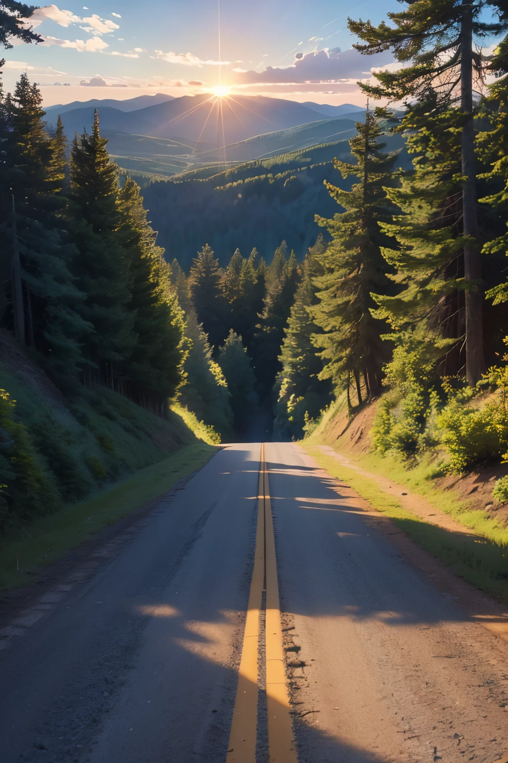 landscape view of a forested hills area from the top of a smaller hill. a straight gravel road in the center slopes down the hill towards an asphalt intersection. everywhere without roads is covered by trees of both pine and leaves. the horizon is partially blocked by a tall hill covered in forests in the near distance. the sun is rising on this early summer day, a warm gentle breeze flows past us and sways the branches. dense blackberry bushes surround the gravel road