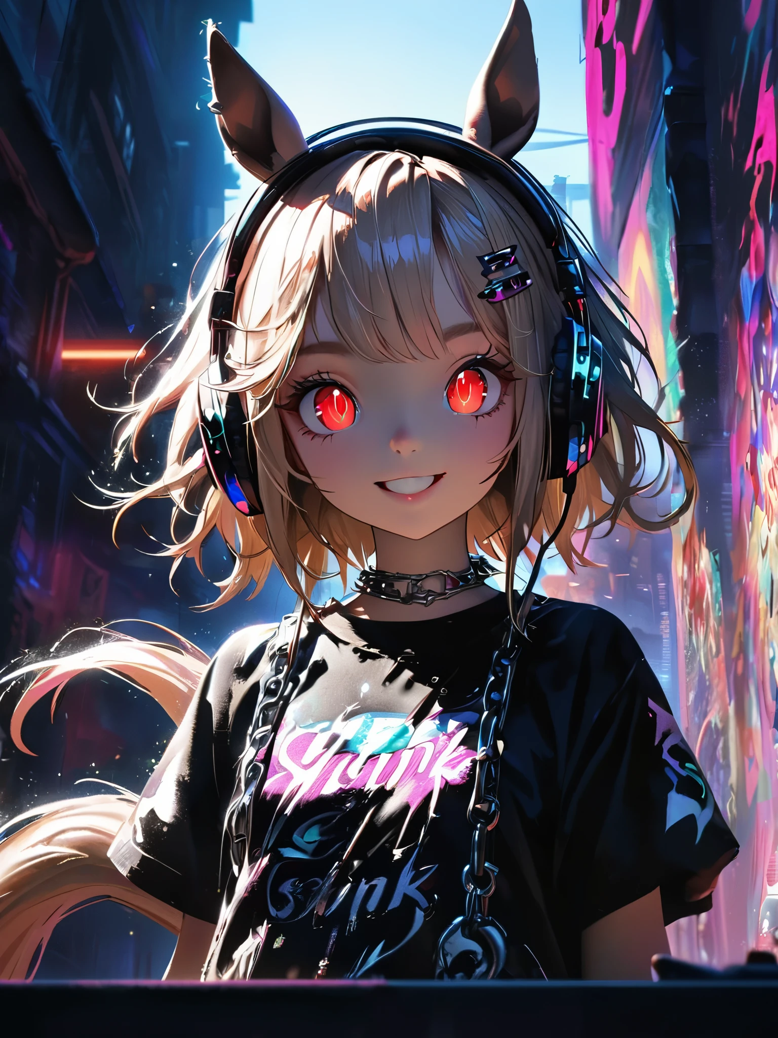 1 girl, chromatic aberration, Written boundary depth, Soft Light, masterpiece, Highest quality, complicated, Tone Mapping, Very detailed, Art Station, Concept Art, Smooth, Clear focus, Dramatic lighting, Very detailed artwork, movie, super practical painting, Art Station's trending, 8k, Incredible Shadows, practical, (Very detailed background:1.0), whole body, View, Viewers, Very detailed portrait of one girl 1, standing on street corner, Heavy rain and lightning、Dark Sky, neon and cyber punk background, she is dressed in punk clothing with silver chains and silver spikes, Her hair was dyed light brown....,The middle part is black, She is wearing headphones, Detailed red eyes with clear pupils, Ominous aura of light, smile, punk, ciber punk, Backlight.Has horse ears、There is a horse tail,Approaching the horse.No headphones needed、More Horses.cute