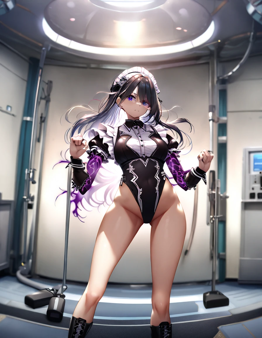 12k, masterpiece, best quality, very aesthetic, absurdres, anime artwork, anime style, key visual, vibrant, studio anime, highly detailed highly detailed, volumetric, dramatic lighting,(Maid leotard details:2.0),(1 girl:1.2),,Long Hair:1.5, (Short sleeve, Thighs,Maid Cufflinks),,(High heel lace-up boots:1.4), (Without skirt:3.0),Dark aura,Leotrad,,Audience Recruitment,(at a research facility:1.2),(whole body:1.4),(Fighting Pose:1.2),looking at viewer, standing
