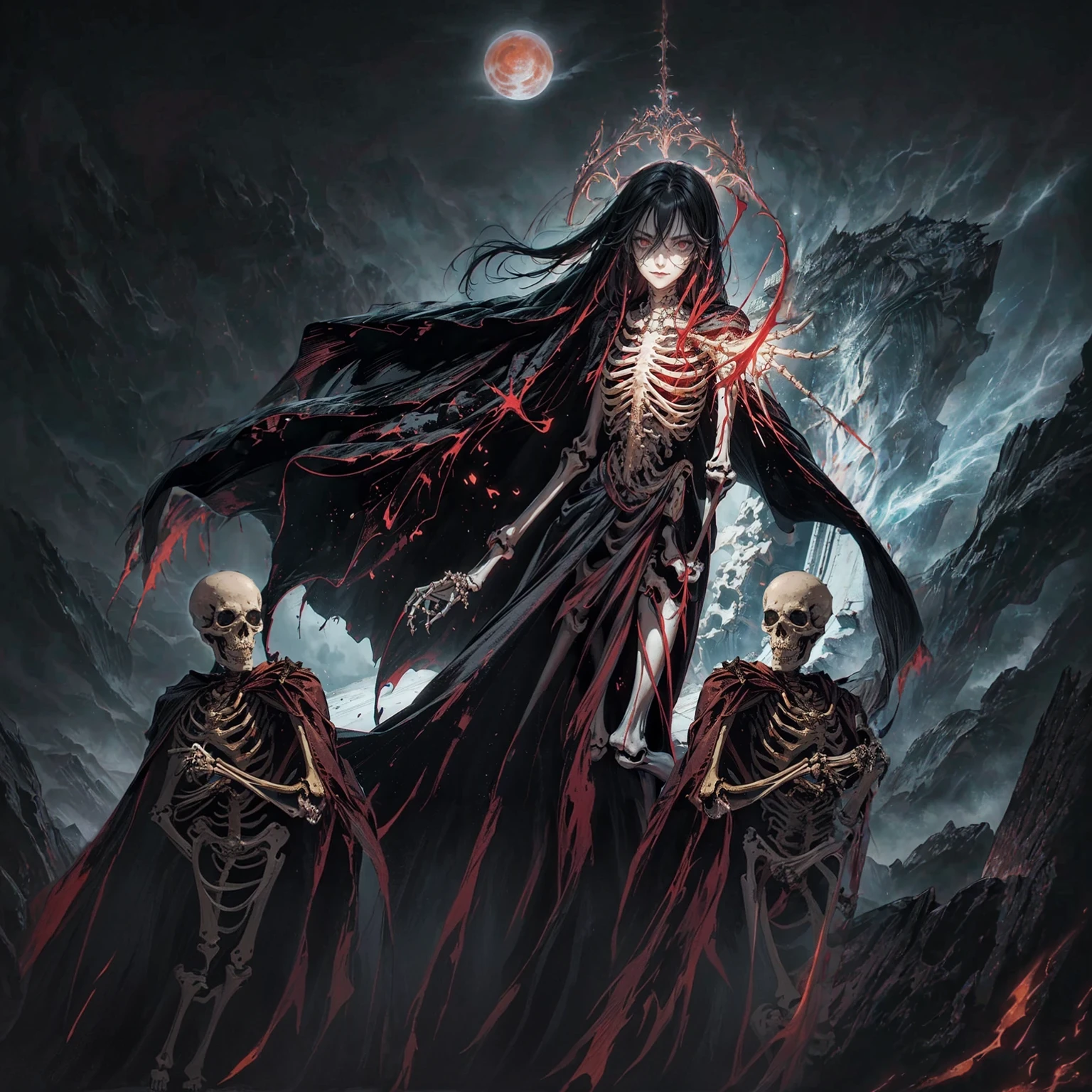 (full body shot:1.5), (Wide-angle lens:1.2), (black hair:1.5), best quality, 4K, high resolution, (masterpiece:1.2), Very detailed, (current:1.37), (Anatomically correct:1.2), Mood lighting, Undead girl in a long cloak, (Torso and limb is skeleton bone but head is still beautiful human face:1.2), Wearing a tattered gothic skirt, A sense of alienation, Dangerous sneer, Beautiful but evil grin, Dark Force (StarWar), Force lightning radiates from fingertips, Facing the camera, Pitch black sky, Blood red moon, strange atmosphere, Gothic style, Unforgettable beauty, Dramatic shadows, Ethereal Light, Mysterious atmosphere, Resurrection from the grave, The Black Magic, Dead, Anime characters with black hair, Detailed cover design, Anime epic artwork, detailed key anime art, Be focused, dark fantasy artwork, Anime Fantasy Artwork, Official artwork with high detail, Dark Witch Panorama, Lich Vecna (d&d)