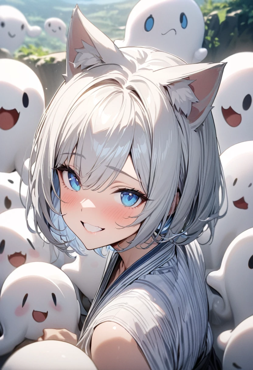 silver bob､ 1 girl, (((best quality)), ((masterpiece)), (details), masterpiece, best quality, high quality, super detailed, perfect face, ((1 girl, Blue eyes, Cat ears: 1.3 silver bob: 2.5,)),Shiny Hair、Shiny skin、smile、Alluring expression、Hug a ghost、plain white yukata、valley、Looking up、