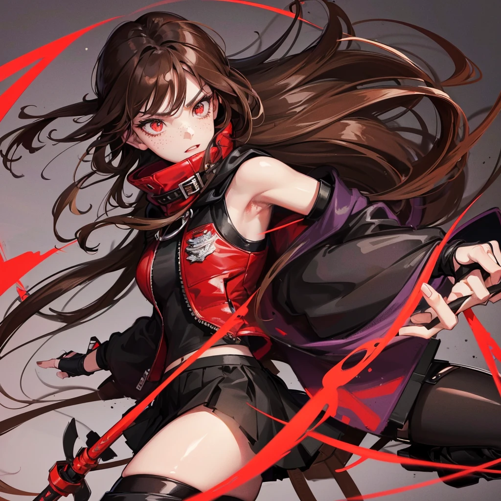 one girl,beautiful detailed eyes, red eyes ,  Long  Brown hair, serious face, Fingerless gloves, Black skirt, black top, red jacket, black boots, baseball bat in hand , light skin color, Purple ribbon, freckles on her face, black hair band, Two arms, two legs