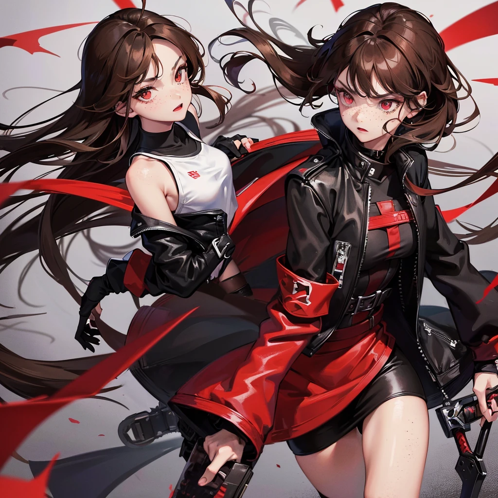 one girl,beautiful detailed eyes, red eyes , Long Brown hair, serious face, Fingerless gloves, Black skirt, black top, red jacket, black boots, baseball bat in hand , light skin color, Purple ribbon, freckles on her face, black hair band, Two arms, two legs