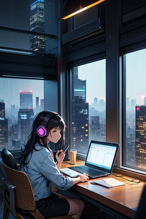I want her studying at a table, using a computer, listening to music with headphones, the girl is facing to the right inside a room, with a window on its side with a landscape of a city with several skyscrapers, at night, and it's raining, The room has a modern and youthful style and is very comfortable with light wooden furniture.