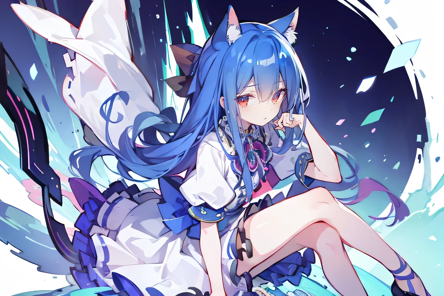 (masterpiece:1.2),ultra-detailed,realistic,expressive eyes,fair-skinned,perfectly shaped face,1girl,
Japanese cartoons,Gorgeous blue hair, flowing blue hair,floating clothes,cat ears,petals falling,beautiful Lola,Hina Angel,
hands on waist,gracefully sitting on the ground,legs crossed,gentle and serene.