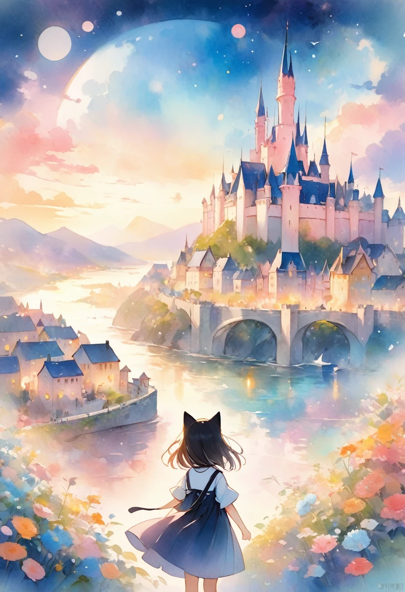 A background of anime-style illustrations with a calm and fantastical castle town theme。 Adding simplicity to mystery、A pale and fantastical worldview created with watercolors and soft pastel colors。 A black cat and a girl are looking at the city。