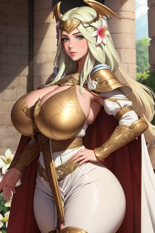 (best quality), (masterpiece), 1 girl, early 20's, huge heavy breasts, busty, massive breasts, thick, thick lips, wide hips, thin waist, seiros, head wings, white cape, gold armor, forehead protector, yellow hair, hair flowers, gauntlets, white dress