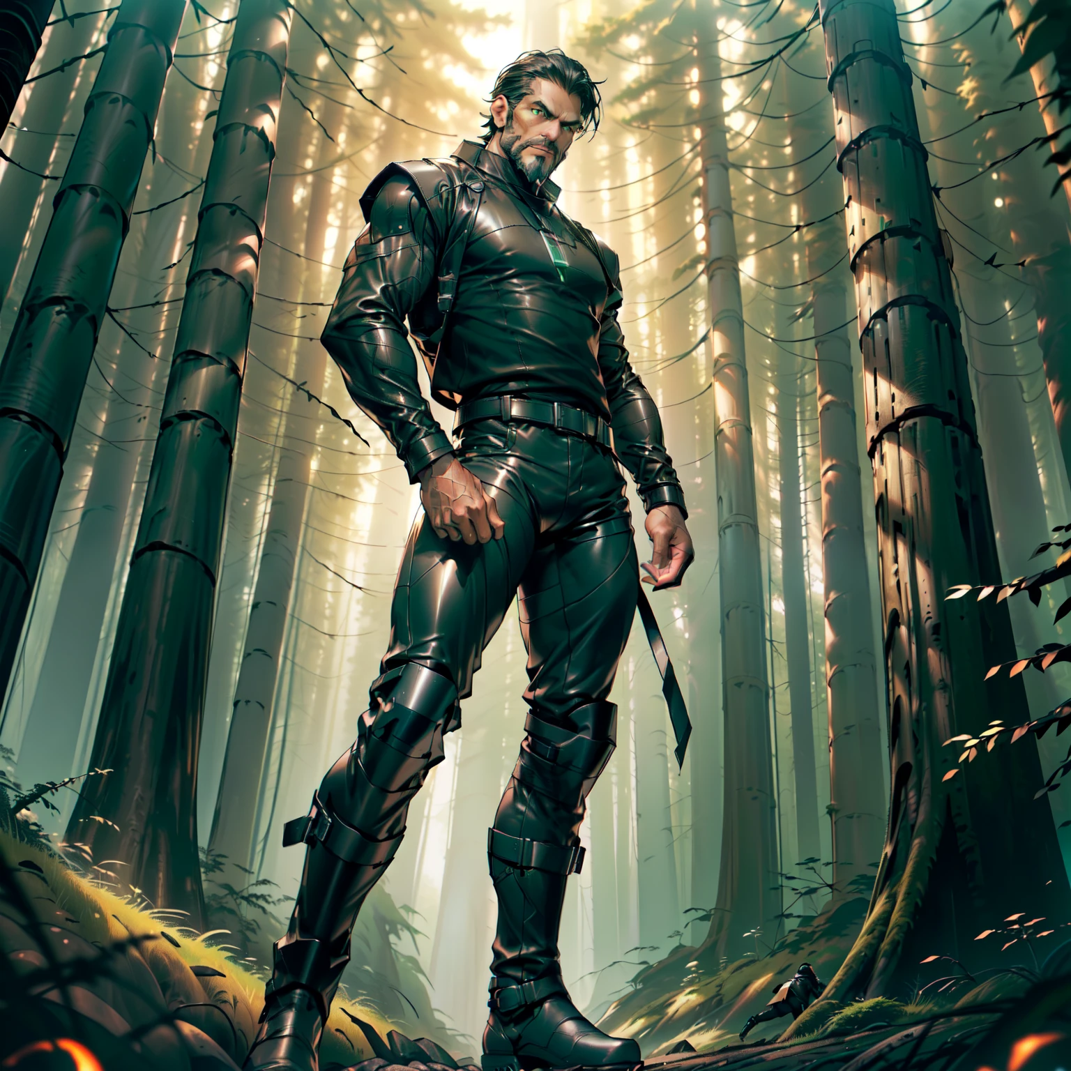 (((Light brown man, age 45, tall and muscular, 1,82 m, 90 kg, with short straight black gray hair, green eyes and gray beard))), (((wearing black leather pants and a black long-sleeved shirt halfway down the arms))), fair and honest, (((serious and focused look))), ((((at dusk in a forest)))), (((walking holding a lumberjack ax)))
