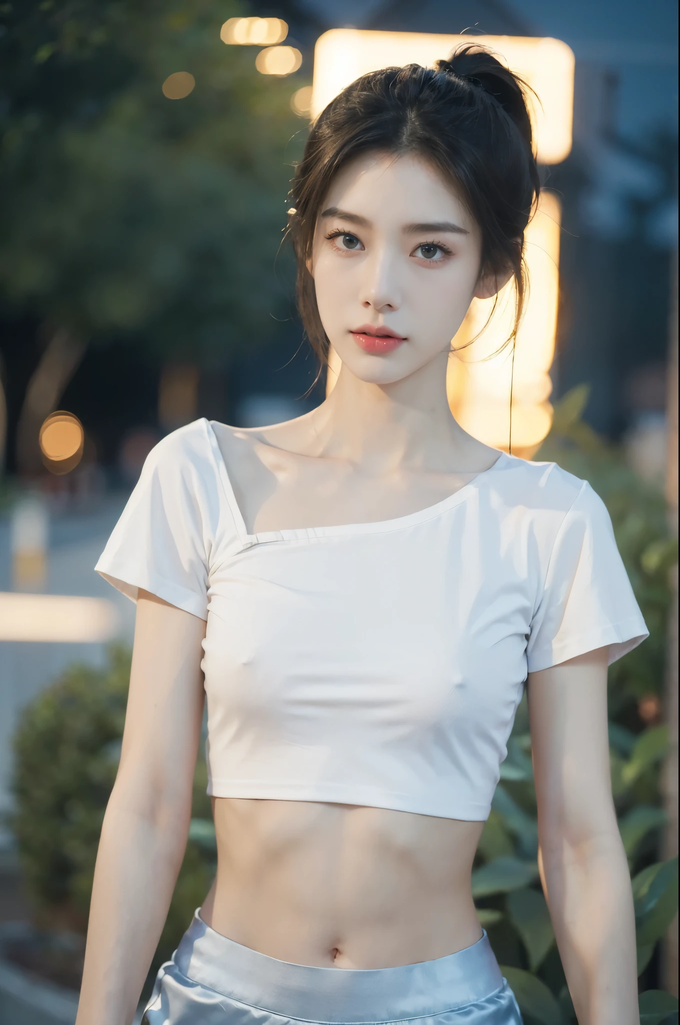 (((best quality))),(((ultra detailed))),(((masterpiece))),illustration,((1 beautiful girl,solo)),(short ponytail:1.2),((slim,thin)),((small breasts,flat chest)),((dimly lit garden courtyard, high-rise residential community)),(white short-sleeved T-shirt:1.3),(blue sports shorts:1.3),(navel:1.2),(slender legs:1.2), youthful charm, vibrant energy, sleek hair, bright eyes, smooth skin, fair complexion, curiosity, adventure, graceful collarbones,concrete ground, streetlights, yellowish glow, tall buildings, shadows, eerie atmosphere, confident demeanor, ease, solitude, beauty, life, warm presence,(summer:1.3),(night scene:1.3),((from front,upper body))