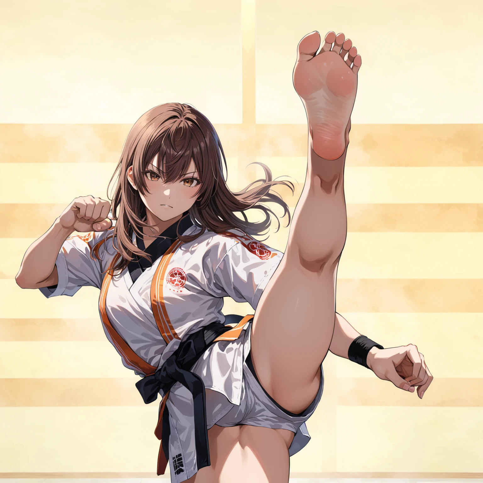 (in style of Takeshi Obata:1.3), suou yuki, brown hair, angry stare, wearing karate uniform with short sleeves, wearing sports shorts, standing on one leg, high kick, barefoot, accurate foot, accurate hands, barehands, fighting pose, martial arts, in a dojo, perfect proportions, full body portrait of a girl, (best quality,8K,high resolution,ultra-detailed,masterpiece)