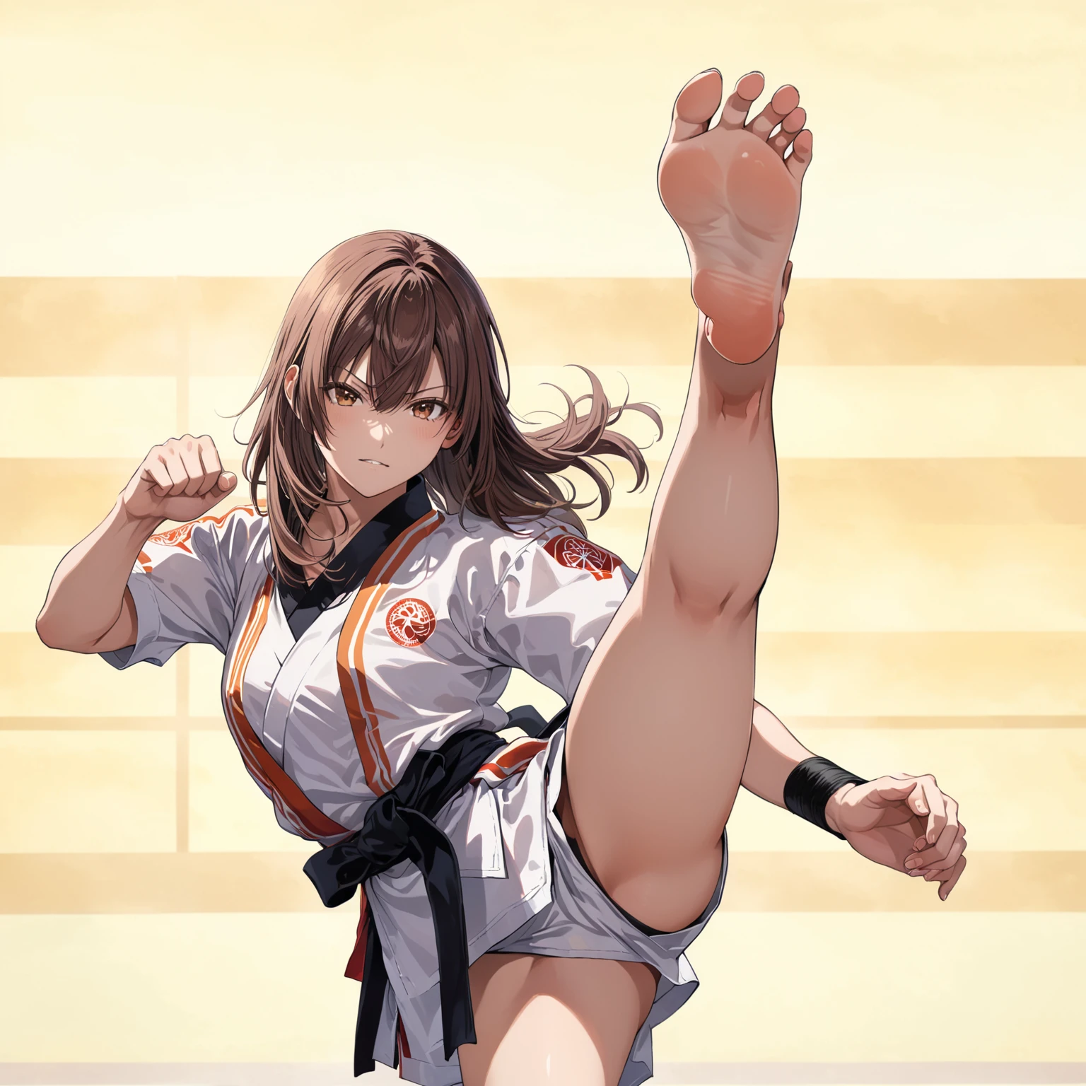 (in style of Takeshi Obata:1.3), suou yuki, brown hair, angry stare, wearing karate uniform with short sleeves, wearing sports shorts, standing on one leg, high kick, barefoot, accurate foot, accurate hands, barehands, fighting pose, martial arts, in a dojo, perfect proportions, full body portrait of a girl, (best quality,8K,high resolution,ultra-detailed,masterpiece)