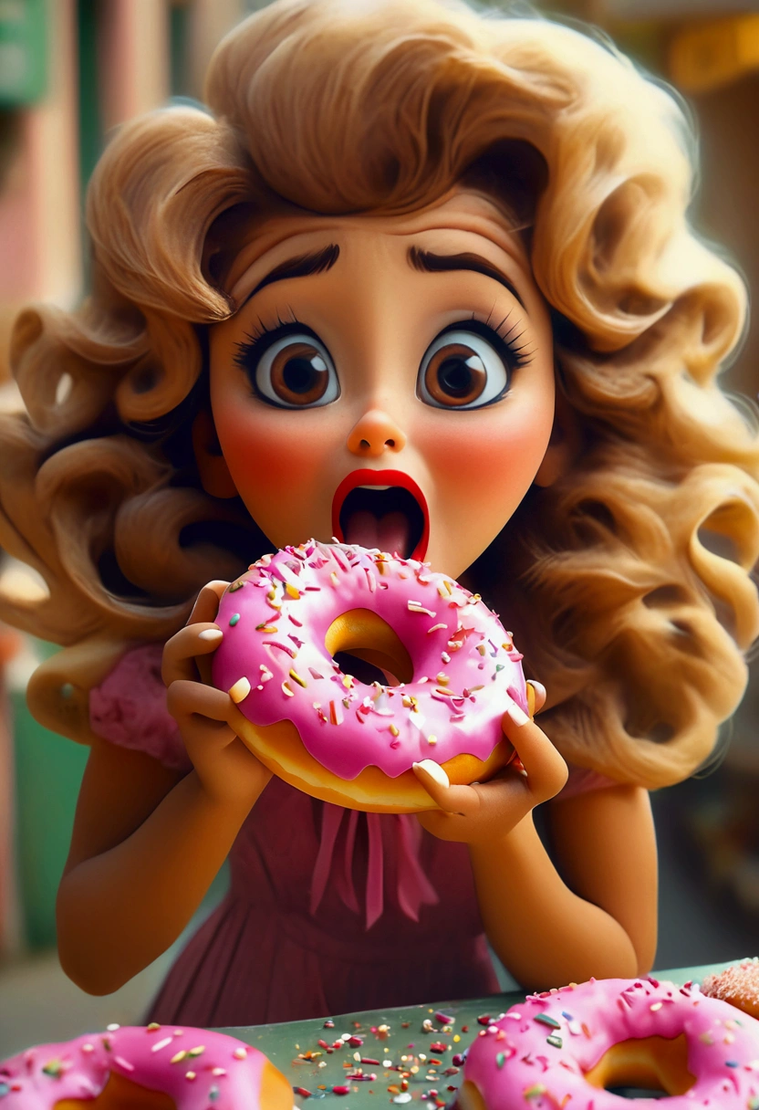 (Eating Donuts), rococo style portrait oil painting with elegant and ornate details, pink accents and pastel colors, full body, award-winning, cinematic still, emotional, vignette, dynamic, vivid, (masterpiece, best quality, photorealistic, Professional, perfect composition, very aesthetic, absurdres, ultra-detailed, intricate details:1.3)
