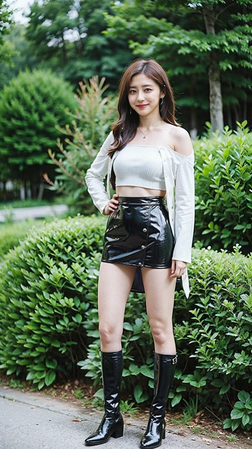 (8k、RAW Photos、Highest quality、masterpiece:1.2)、(Realistic、Realistic)、1 Girl、((Tube top、black and white mini skirt、tights、garden、Exposed Skin、whole body、boots、View from the front、Looking at the camera、Stand with hands on hips))、cute