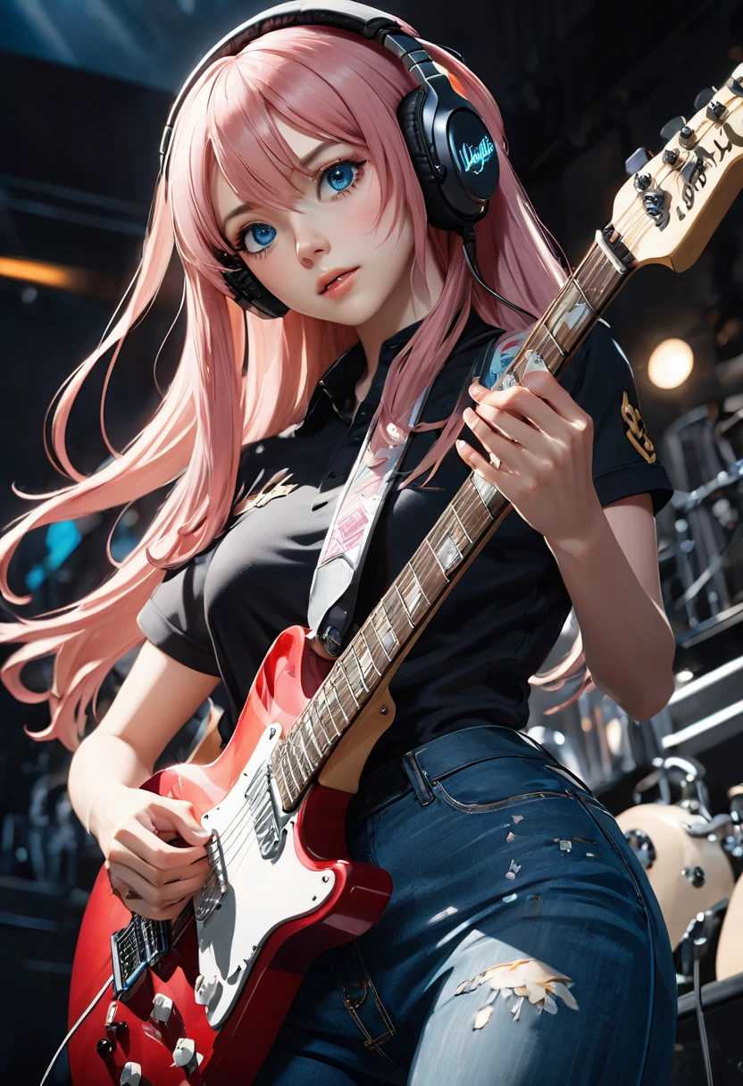1人のgirl, ((Movie Light)) colorful, Very detailedな. Incredible light, intricate detail, top quality (8k uniform CG wallpaper, Very detailed, masterpiece, Best quality Great detail Best shadows) (Background details: 1.4) (Beautifully detailed face Beautifully detailed eyes) High Contrast (Great lighting and very delicate beauty) (girl: 1.5) alone, Black Dress, blue eyes, electric guitar, guitar, Headphones, Holding, Holding a pick, musical instrument, Long Hair, music, Upward-facing pink hair, playing the guitar Pleated skirt, Black Shirt, interior ((Corrosive)), Dynamic Angle, Beautiful details that shine, whole body, Jeans Lenses,Twin tails