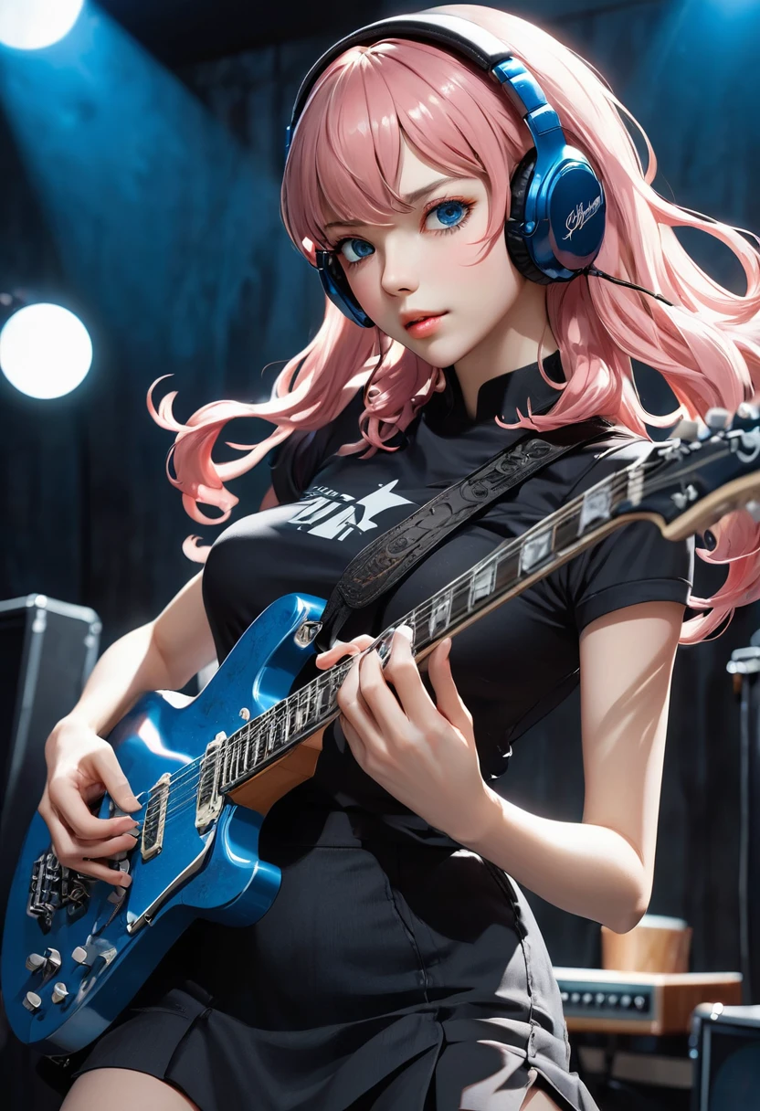 1人のgirl, ((Movie Light)) colorful, Very detailedな. Incredible light, intricate detail, top quality (8k uniform CG wallpaper, Very detailed, masterpiece, Best quality Great detail Best shadows) (Background details: 1.4) (Beautifully detailed face Beautifully detailed eyes) High Contrast (Great lighting and very delicate beauty) (girl: 1.5) alone, Black Dress, blue eyes, electric guitar, guitar, Headphones, Holding, Holding a pick, musical instrument, Long Hair, music, Upward-facing pink hair, playing the guitar Pleated skirt, Black Shirt, interior ((Corrosive)), Dynamic Angle, Beautiful details that shine, whole body, Jeans Lenses,Twin tails