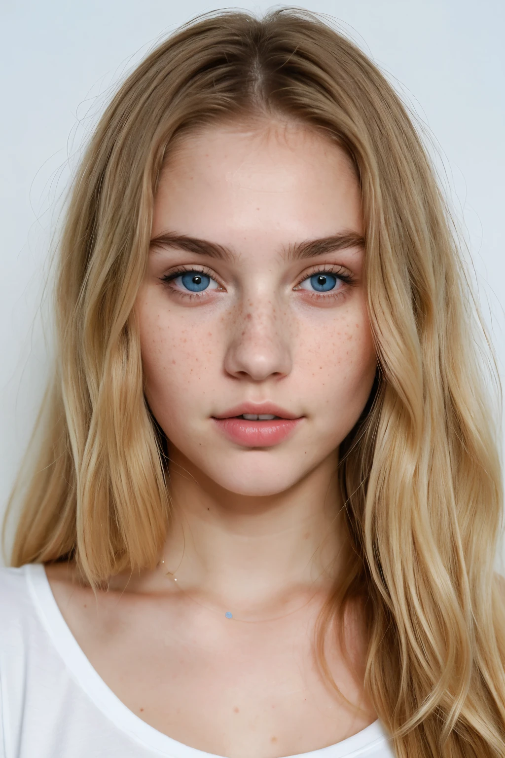 ((masterpiece)Show a young woman with long, wavy blonde hair, that reach to the shoulders. She has bright blue eyes and fair skin with a rosy complexion. Her face is symmetrical and oval shaped, with slightly reddened cheeks and natural freckles, scattered across her nose and cheeks. She has narrow, blonde eyebrows, that are the same color as their hair. The woman has full lips and a straight, fine nose. She has a birthmark on her cleavage.
. She has long legs and wears tight jeans and a very tight, crop top t-shirt, that makes her belly button slightly visible. The T-shirt is so tight, that you can see the marks of her nipples. She looks serious and shows the middle finger. Please show the woman's entire body from head to toe, so that both the T-shirt and the trousers are fully visible.