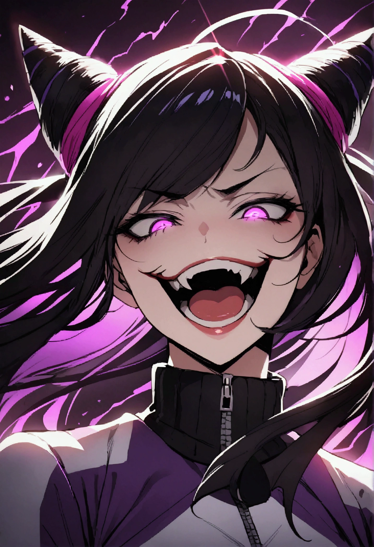 dark eye shadow,shining eyes,beautiful young fitness woman with , in a gym wearing May with black pantyhose, tight white and purple gym jacket. standing alone,hair horns,glowing purple eyes,Evil smile,legging preto ,labiaa,dark eye shadow,shining eyes,close up,open mouth with big evil smile,evil laugh