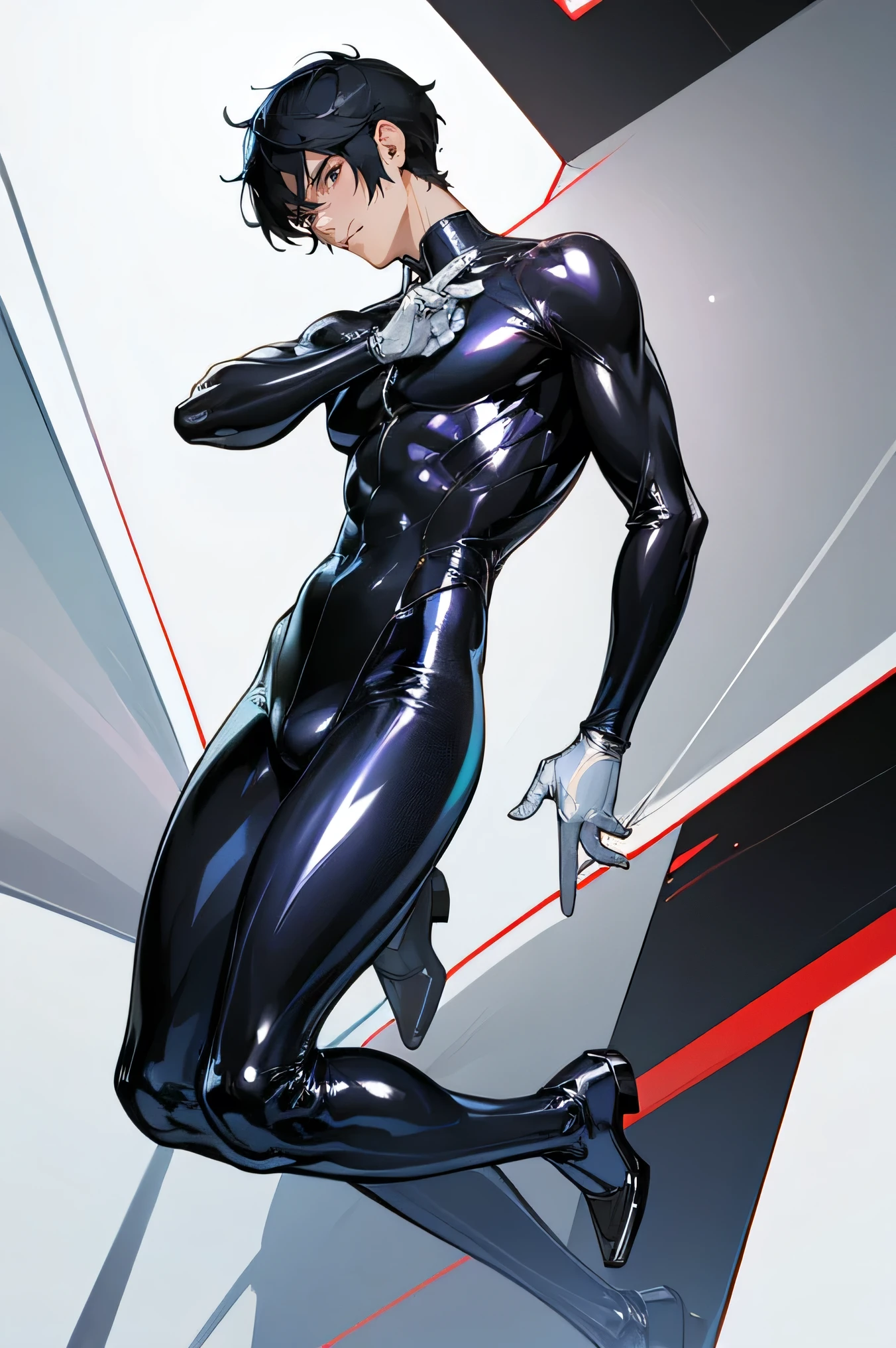 Japanese male handsome model Black Hair Short cut G-I-A-CUT looking at the camera Shiny full-body silver suit Shiny silver latex suit Fierce face Handsome Reduce margins Full body upscaling