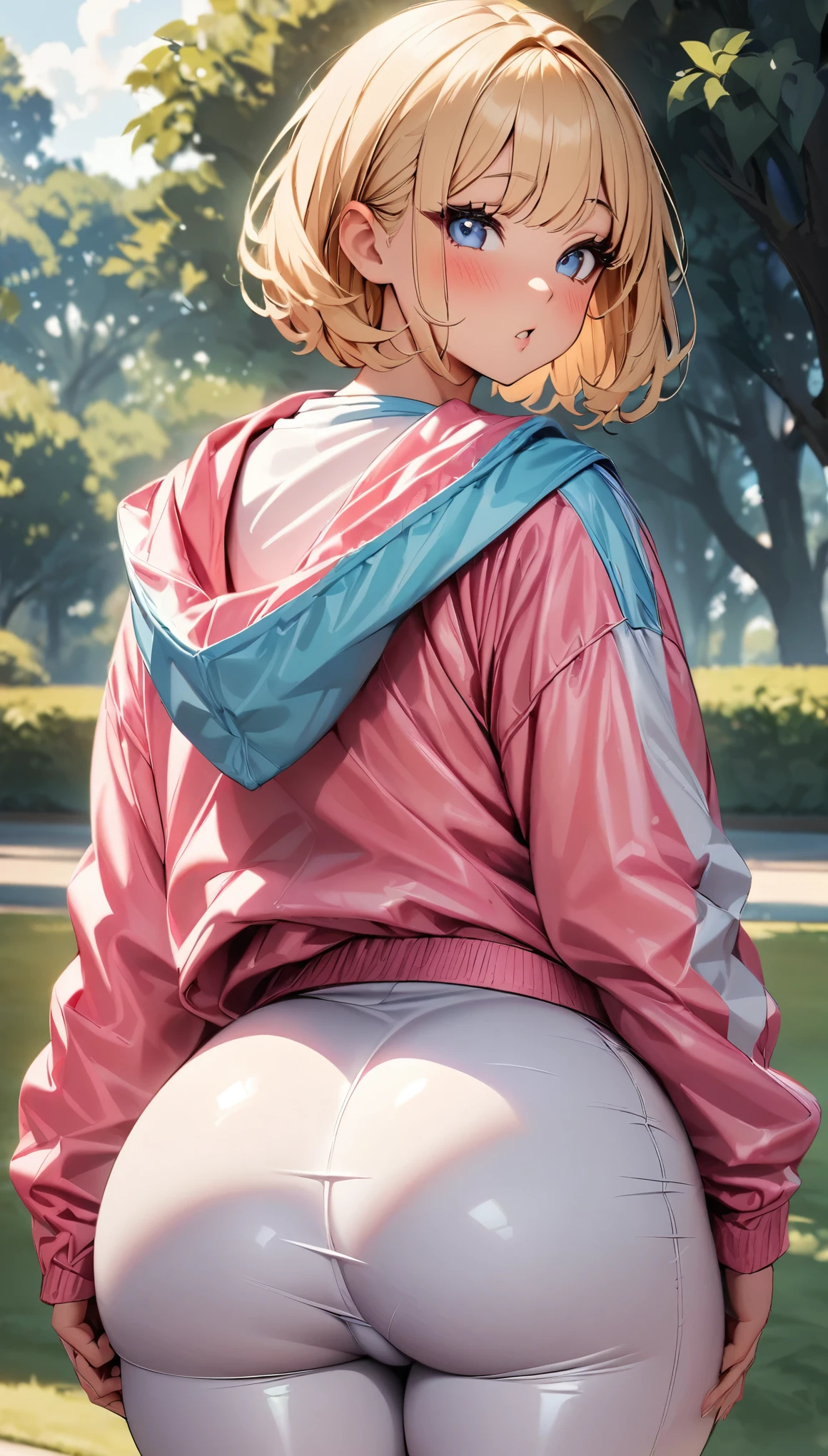 One girl, alone, Park Background, masterpiece:1.2, Very detailed, blue eyes, Blonde, short hair, Plump lips, Gal Makeup, Fluorescent pink jacket, White rubber skin suit, pink sports shoes, White pants, blush, Open your mouth, Turn your ass towards me, Showing her ass, Buttocks up.