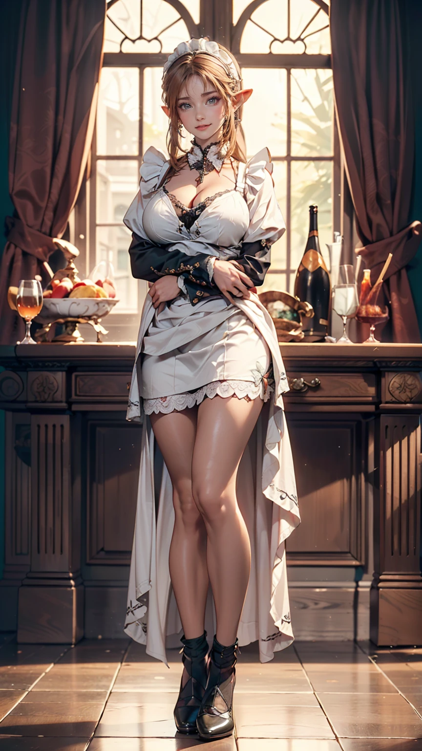 (Full body image:1.5), (Princess Zelda, Are standing, alone:1.2) ,(Large Breasts:1.5), (She is wearing a black maid outfit、wearing a very short white skirt。/Her body-hugging clothes:1.3), (She's in front of the bed in the hotel room:1.3), she has (blue eyes, Dark green mohawk:1.2), (She's smiling, Looking at the audience. Exhibitionist pose:1.2), Anime Style, 16K, Highest quality, Attention to detail, Textured skin, Ultra-high resolution, masterpiece, Anatomically correct