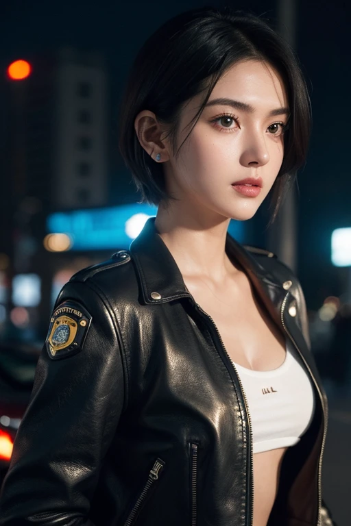 8k, top-quality, (pubic hair beauty)、hight resolution, 逼真, realperson, the met、(((Female Detective)))、chasing the criminal、((Desperate face))、Running and sweating、desperate、pistols、Have a shotgun、police cars