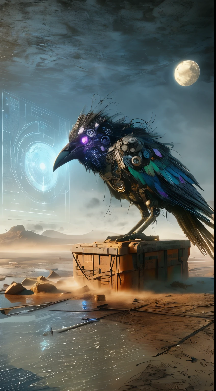 Amidst a post-apocalyptic desert, a raven with a head transformed into a complex, holographic projector stands on a rusted metal outcrop. The raven projects a 3D map of the surrounding wasteland, guiding the few remaining survivors in their search for hope. The bird's feathers, iridescent and shimmering, reflect the harsh, golden sunlight. The vertical expanse showcases the barren, endless horizon and the raven's solitary vigil. Dust storms swirl in the distance, adding to the scene's desolate and haunting beauty. Digital illustration, highlighting dynamic lighting and realistic textures