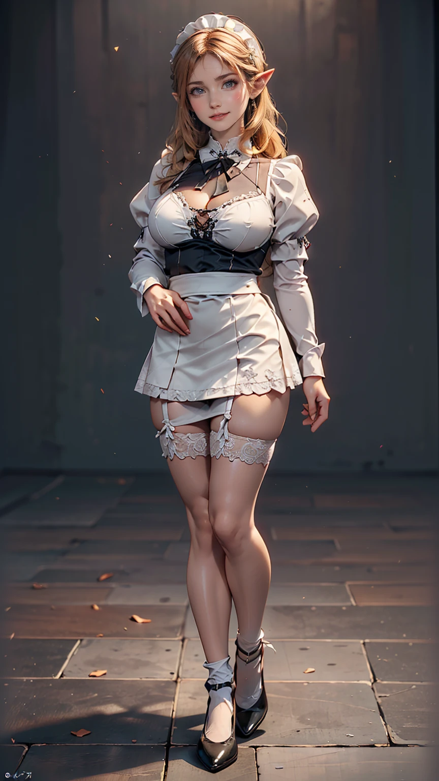 (Full body image:1.5), (Princess Zelda, Are standing, alone:1.2) ,(Large Breasts:1.5), (She is wearing a black maid outfit、wearing a very short white skirt。/Her body-hugging clothes:1.3), (She's in front of the bed in the hotel room:1.3), she has (blue eyes, Dark green mohawk:1.2), (She's smiling, Looking at the audience. Exhibitionist pose:1.2), Anime Style, 16K, Highest quality, Attention to detail, Textured skin, Ultra-high resolution, masterpiece, Anatomically correct
