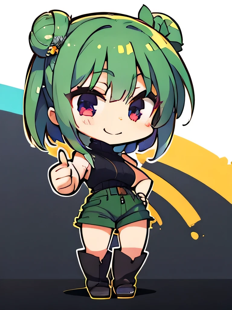 (highres), (best quality), (detailed), (chibi art style)1 girl, alone, medium hair, pastel green hair, twin buns, violet eyes, round black sunglasses on head, black sleeveless turtleneck top, green shorts, dark brown boots, thumbs up, smile