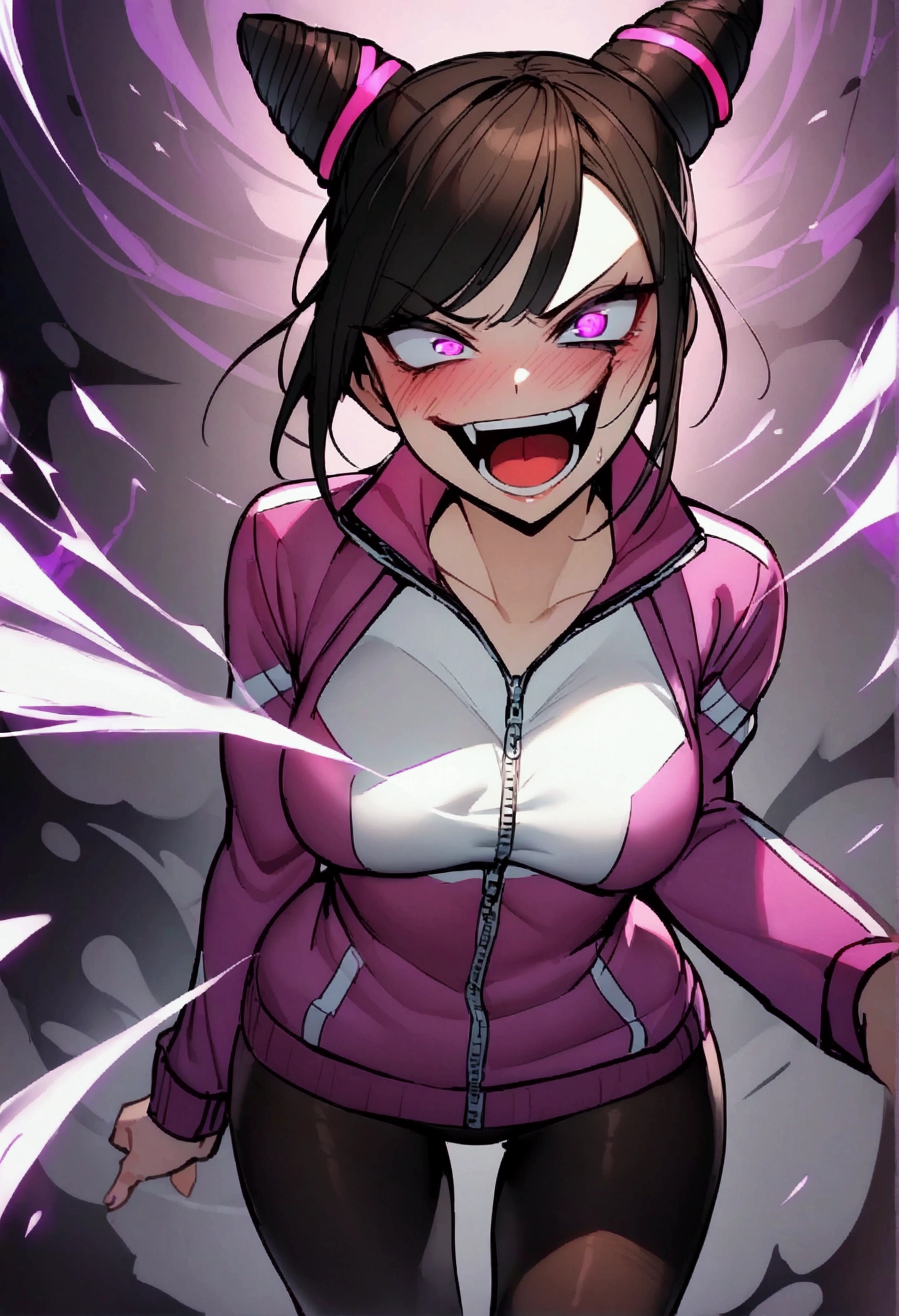 dark eye shadow,shining eyes,beautiful young fitness woman with , in a gym wearing May with black pantyhose, tight white and purple gym jacket. standing alone,hair horns,glowing purple eyes,Evil smile,legging preto ,labiaa,dark eye shadow,shining eyes,close up,open mouth with big evil smile,evil laugh,blushed,vermelha,drools in the mouth