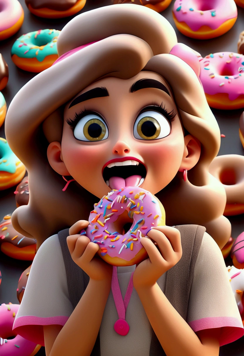 (Eating Donuts), rococo style portrait oil painting with elegant and ornate details, pink accents and pastel colors, full body, award-winning, cinematic still, emotional, vignette, dynamic, vivid, (masterpiece, best quality, photorealistic, Professional, perfect composition, very aesthetic, absurdres, ultra-detailed, intricate details:1.3)