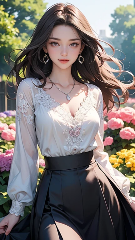 (Highest quality、 8k 、masterpiece、High resolution)、Young lovely woman、Ample breasts、Beautiful clavicle、Slender beauty、(Brown hair medium、My hair is blowing in the wind、Flows backwards)、whole body、 (Beautiful Face,Beautiful Eyes,Beautiful nose,Pretty lips)、(Earrings、silver heart pendant necklace)、(Feminine Style、3/4 Sleeve Lace Blouse、Primazel Lace Flare Skirt)、Her mouth opens slightly and a smile appears.、Dynamic pose、Outdoor、(garden、Colorful flowers)、looking at the camera、Professional Lighting、Professional photographer、Detailed CG,