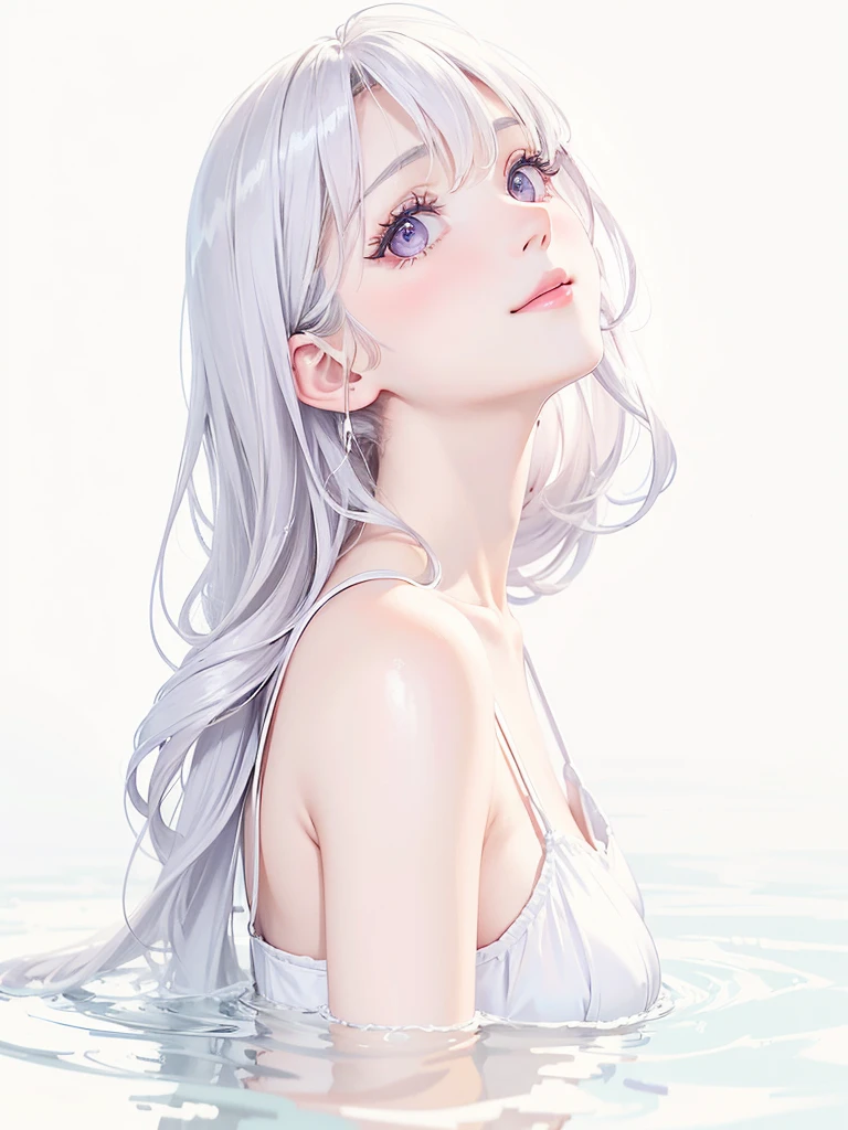 Beauty, High nose, Long eyelashes, 目にLight, Pink Lips, Closed Mouth, Light, Fluttering Hair, 目にLight, White Skin, Big eyes, Get wet, cute, 30 years old, glossy, charm, Real, null, smile, Gray Hair, White Dress, Updo, profile, Violet eyes, princess, sweet, White background