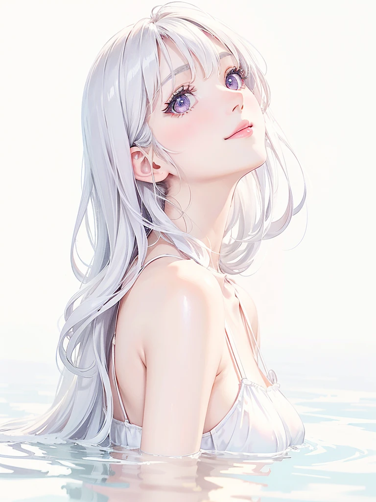 Beauty, High nose, Long eyelashes, 目にLight, Pink Lips, Closed Mouth, Light, Fluttering Hair, 目にLight, White Skin, Big eyes, Get wet, cute, 30 years old, glossy, charm, Real, null, smile, Gray Hair, White Dress, Updo, profile, Violet eyes, princess, sweet, White background