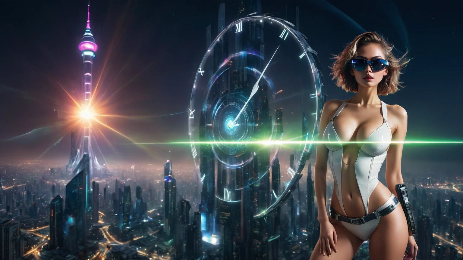 At dark night, aerial view of futuristic sci-fi cyberpunk city, skyscrapers, (flying vehicle), (vortex-spirit-spreading giant hologram (((clock tower))) as time machine), Matrix style, (1girl, solo), large-breast:1.2 slim body, cleavage:1.3, tube top, miniskirt, (mini black sunglasses), ((holding a laser pistol)), dynamic pose, half-body thigh level medium shot, cinematic lighting, lens flare, ray tracing.