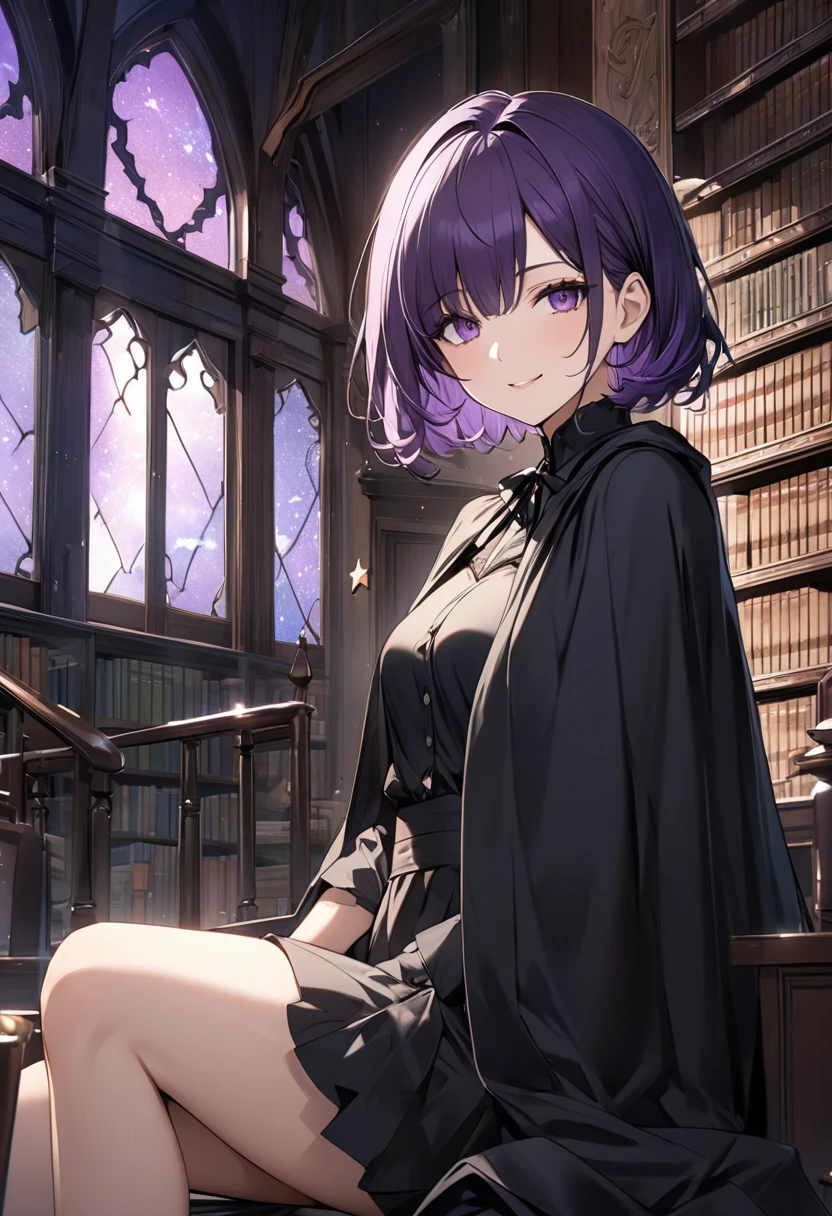 The left eye is covered、Medium Short Hair、Black and purple hair、Mysterious Beauty、Wearing a black cloak、Cool and intelligent、Provocative smile、Living alone in an old Western library、Adult female、Late 30s、slender、Stars in the window
