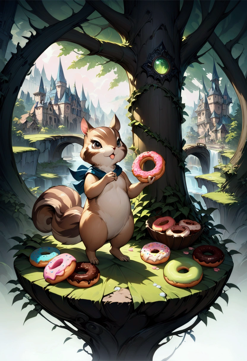 Eating Donuts, an adorable chipmunk holding a delicious donut with icing and sprinkles, centered, detailed matte painting, deep color, fantastical, intricate detail, splash screen, complementary colors, fantasy concept art, 8k resolution trending on Artstation Unreal Engine 5, masterpiece, best quality, very aesthetic, absurdres