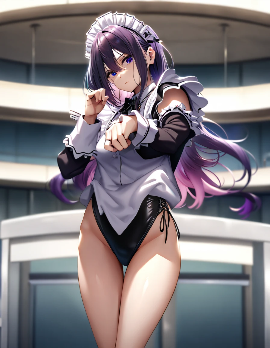 12k, masterpiece, best quality, very aesthetic, absurdres, anime artwork, anime style, key visual, vibrant, studio anime, highly detailed highly detailed, volumetric, dramatic lighting,(Maid leotard details:2.0),(1 girl:1.2),,Long Hair:1.5, (Short sleeve, Thighs,Maid Cufflinks),,(High heel lace-up boots:1.4), (Without skirt:3.0),Dark aura,Leotrad,,Audience Recruitment,(at a research facility:1.2),(whole body:1.4),(Fighting Pose),looking at viewer, standing